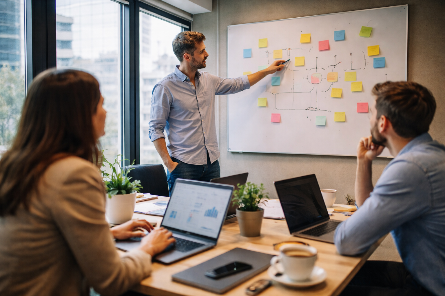 Team brainstorming in a modern office with laptops and collaborative work.